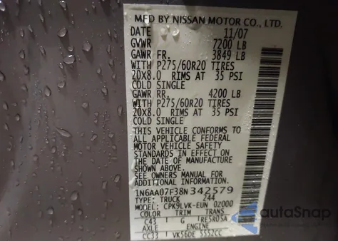 2008 Nissan Titan Le/Pro-4X z USA, uszkodzony, nr VIN 1N6AA07F38N342579